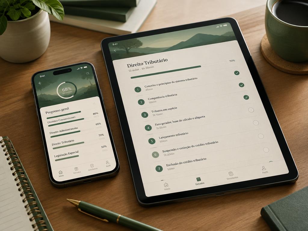Aplicativo de estudos fiscais exibido em celular e tablet